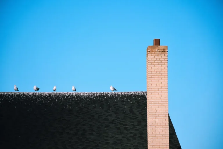Brick chimney on a residential roof